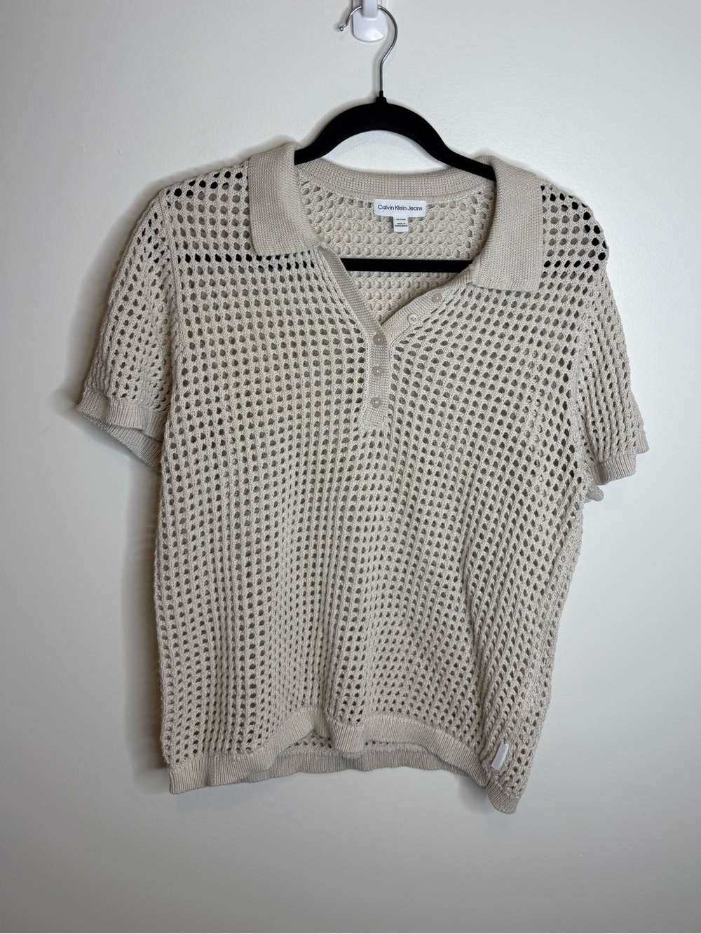Calvin Klein Jeans Open-Knit Polo Top in Cream size XL